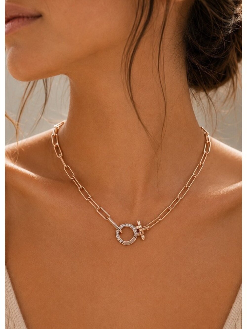Stella & Dot Rose Gold Tone Paper Clip Chain Charm Keeper Necklace Adjustable